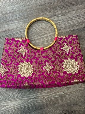 Vintage Brocade Bamboo Handle Evening Clutch Bag Pink Gold Asian Style Purse